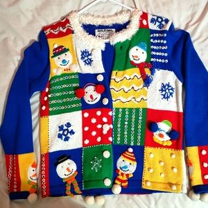 Jack B Quick Christmas sweater, size Petite Small, blue with snowmen